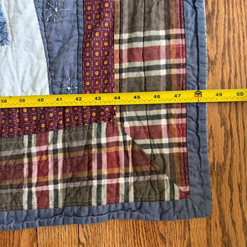 Vintage Primitive Snowman Quilt Throw Blue Plaid Rustic Farmhouse Holiday 60x48
